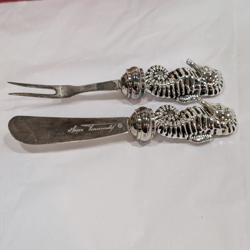 Hans Turnwald Silver Plated Spreader and Cocktail Fork, Seahorse Handles